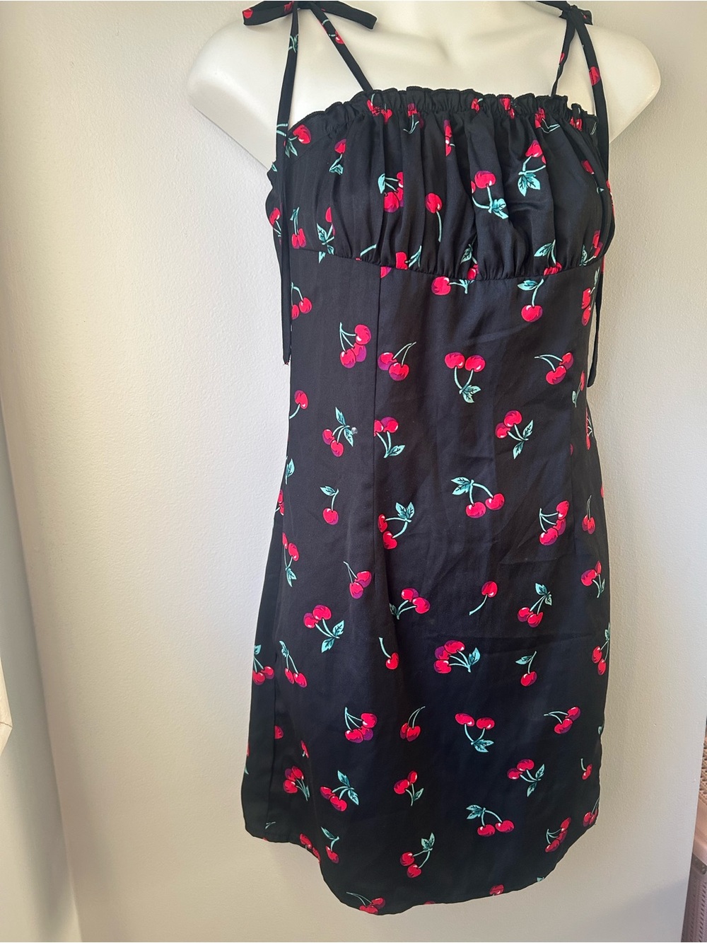 Black Cherry Print Tie-Strap Mini Dress Women’s Size S - Picture 7 of 13